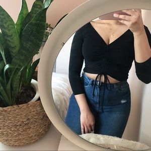 Cinched Tie Front Ruched V-neck Top